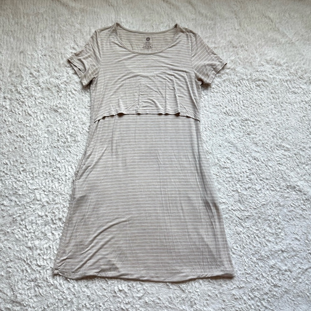 Kindred Bravely Eleanora Bamboo Maternity Nursing Dress M Oatmeal Stripe Beige - Picture 5 of 11